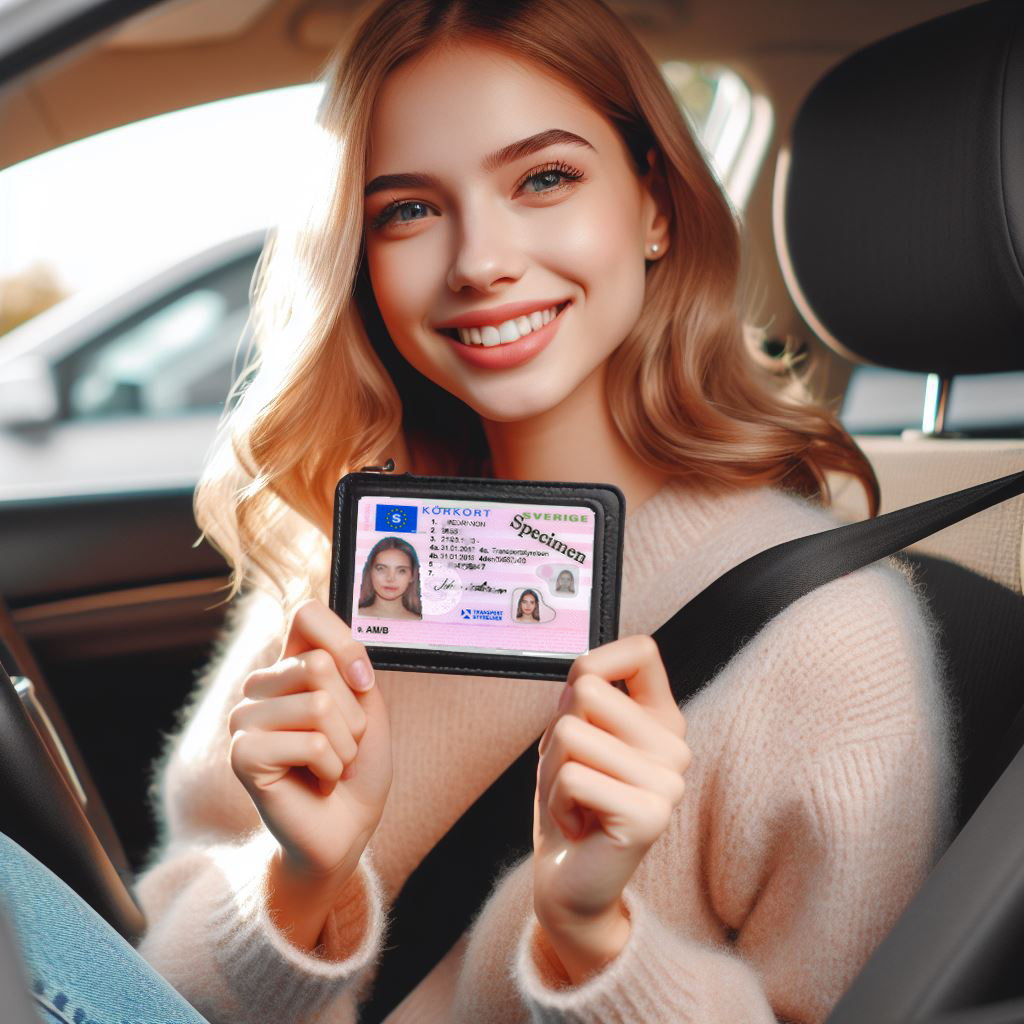 En tjej som sitter i en av Bdriver.se övningsbilar, håller stolt upp sitt nytagna körkort efter att ha klarat uppkörningsprovet.