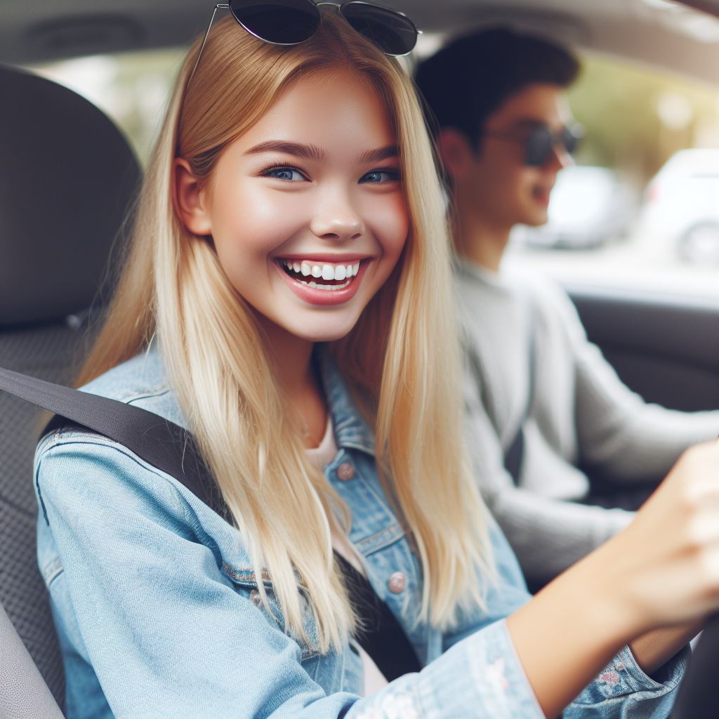En glad tjej sitter i en bil och firar efter att ha klarat en intensivkurs för körkort i Göteborg på 2 veckor.