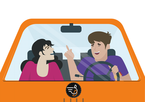 Bilden visar en handledare och elev som sitter i en orange färgad bil och har gått på handledarutbildning hos Bdriver Trafikskola.
